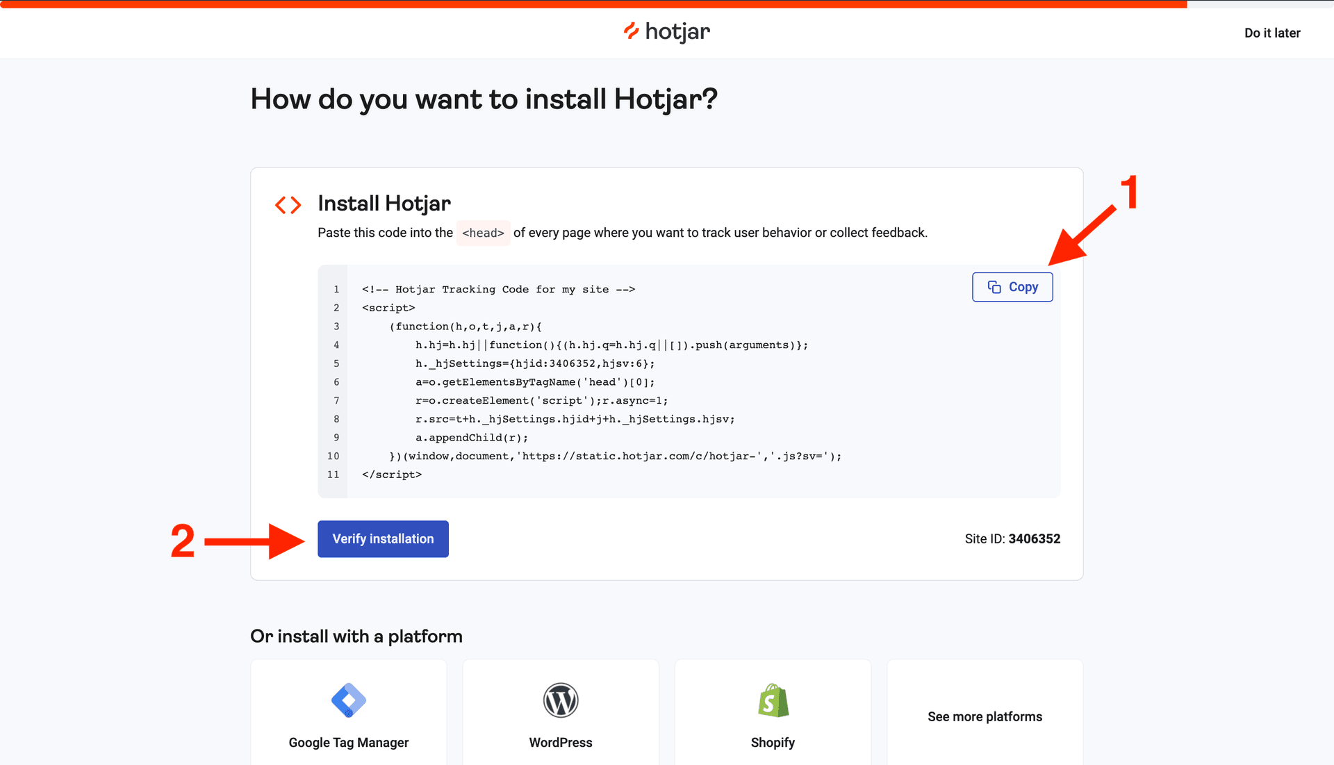 This image shows the tracking code to copy from Hotjar's website.