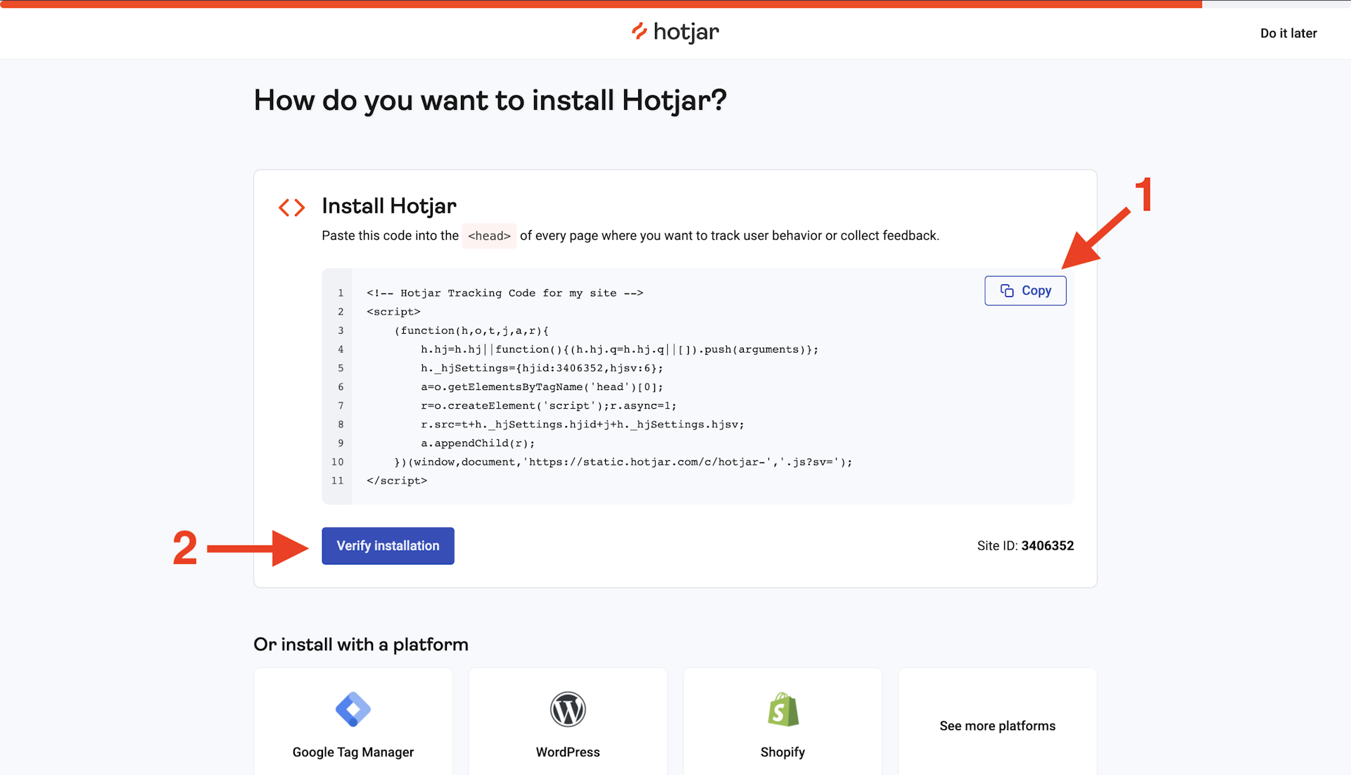 This image shows the tracking code to copy from Hotjar's website.