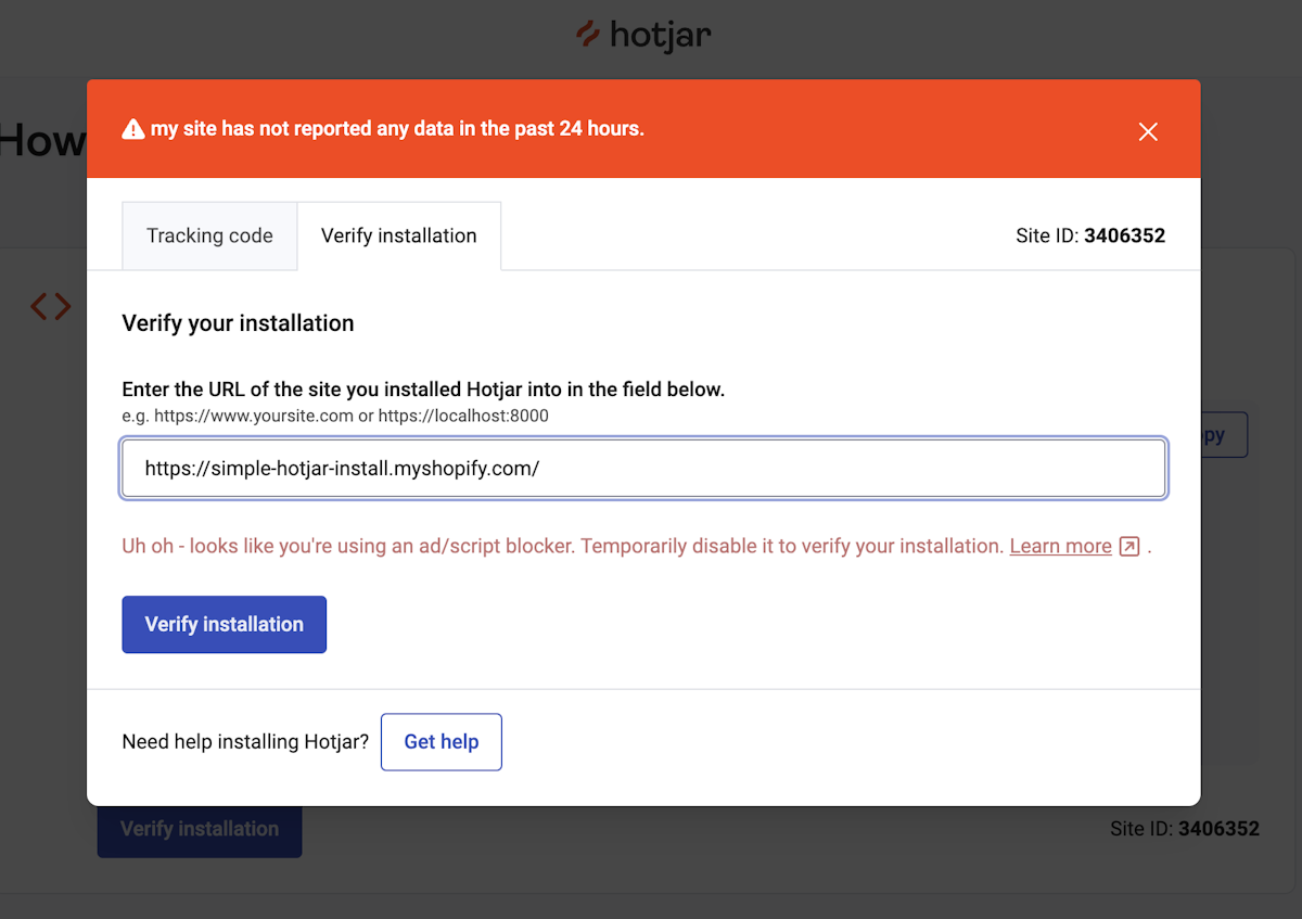 This image shows the verification screen in Hotjar.